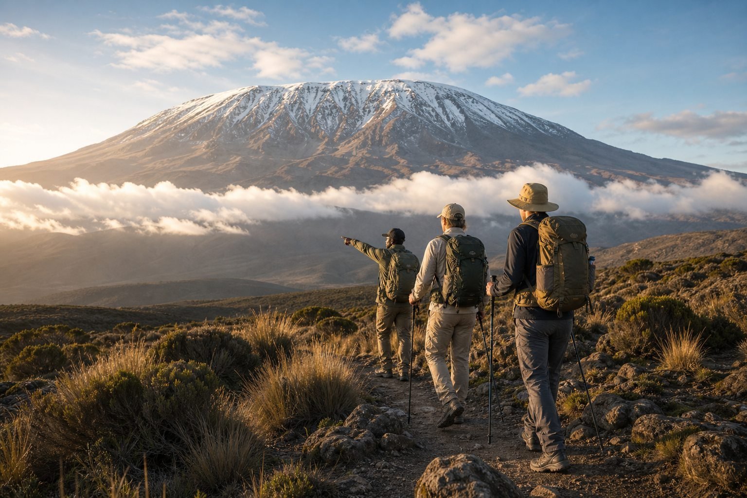 Kilimanjaro hikers on an alpine trail with the mountain rising above the clouds.