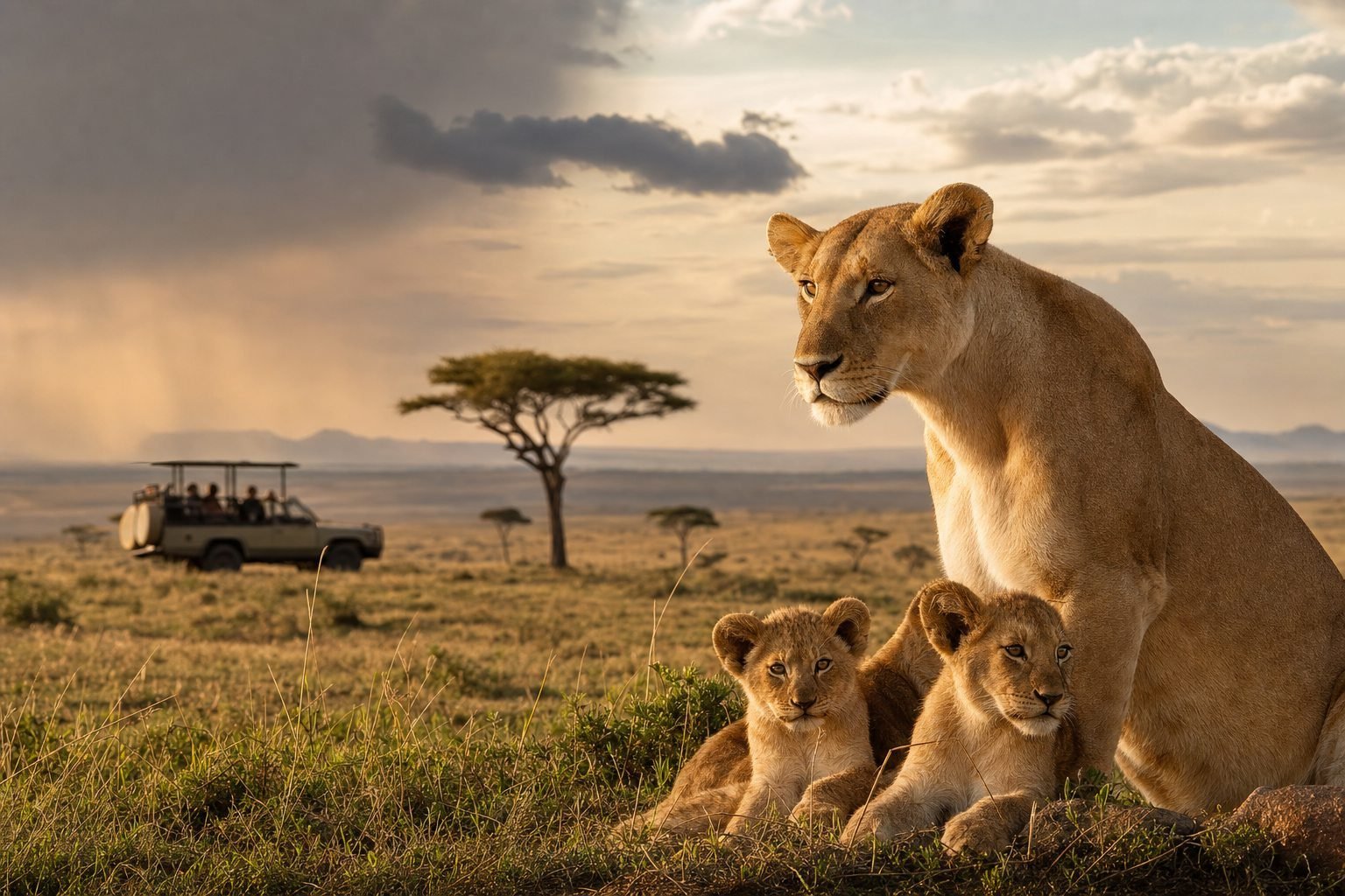 Lioness with cubs on the Tanzania plains as a safari vehicle watches from afar.