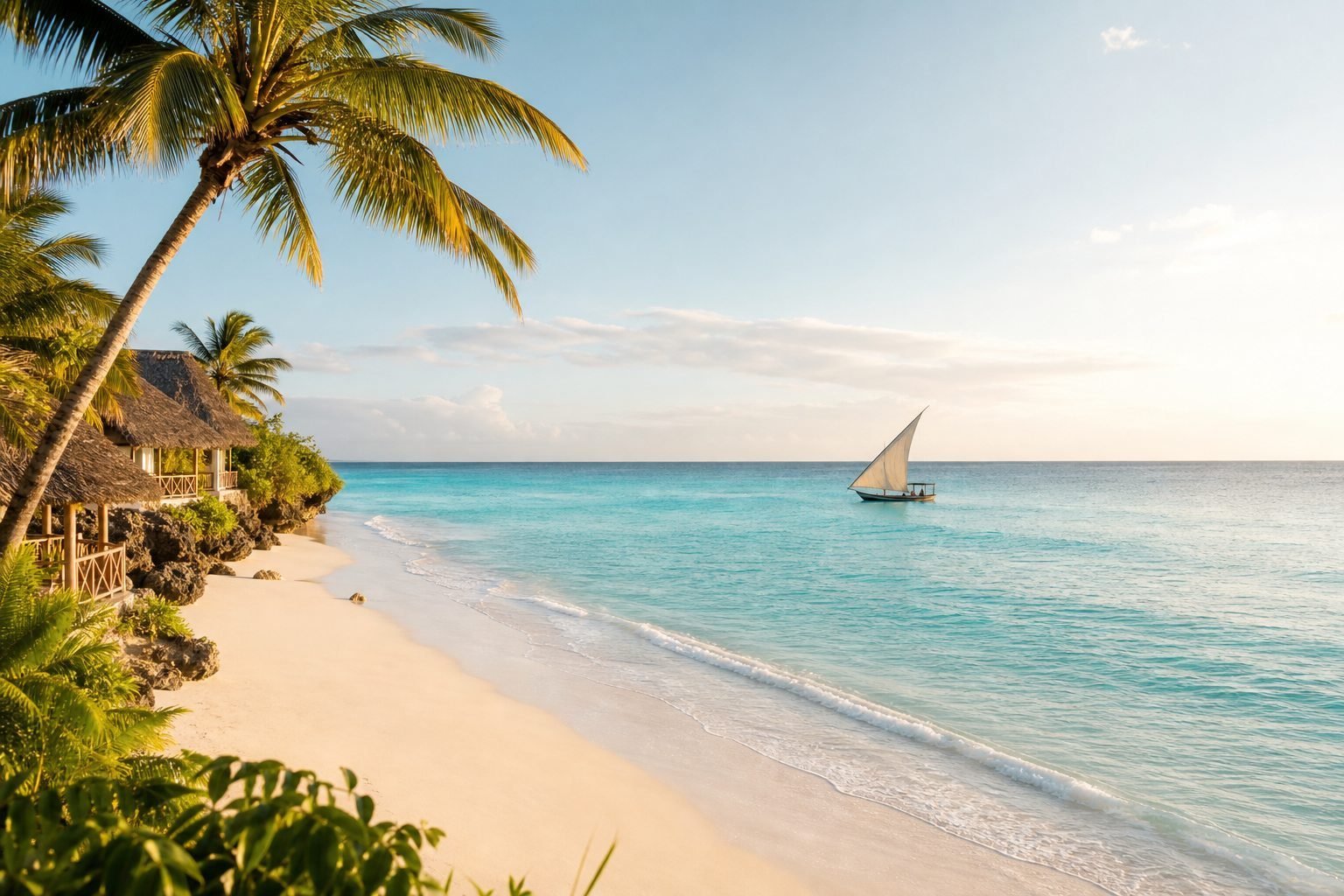 Zanzibar beach with turquoise water, palms, and a dhow offshore.
